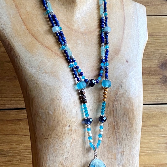 Multi Gemstone Layered Statement Necklace with Lapis Lazuli - Aquamarine - Picture 7 of 10